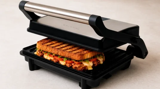 Parrilla eléctrica Grunkel de 1000 W con apertura 180° y placas antiadherentes