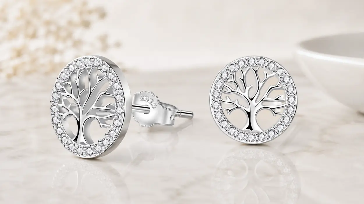 Pendientes Ábol de la Vida de 10 mm en Plata de ley 925 y Circonita 3A, con caja regalo