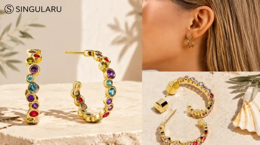 Pendientes Aro Bubbles de Singularu en latón con baño de oro de 18Kt y cierre de tuerca