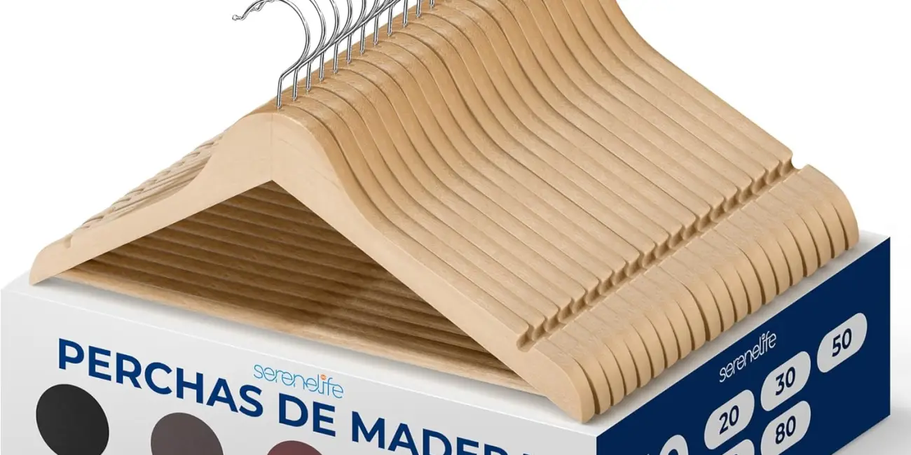 Pack de 10 perchas de madera antideslizantes con gancho giratorio 360° y barra para pantalones