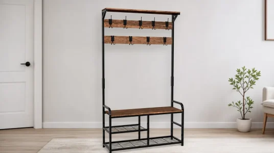 Perchero de pie Vounot con zapatero y banco, estilo industrial de 185x85x33 cm