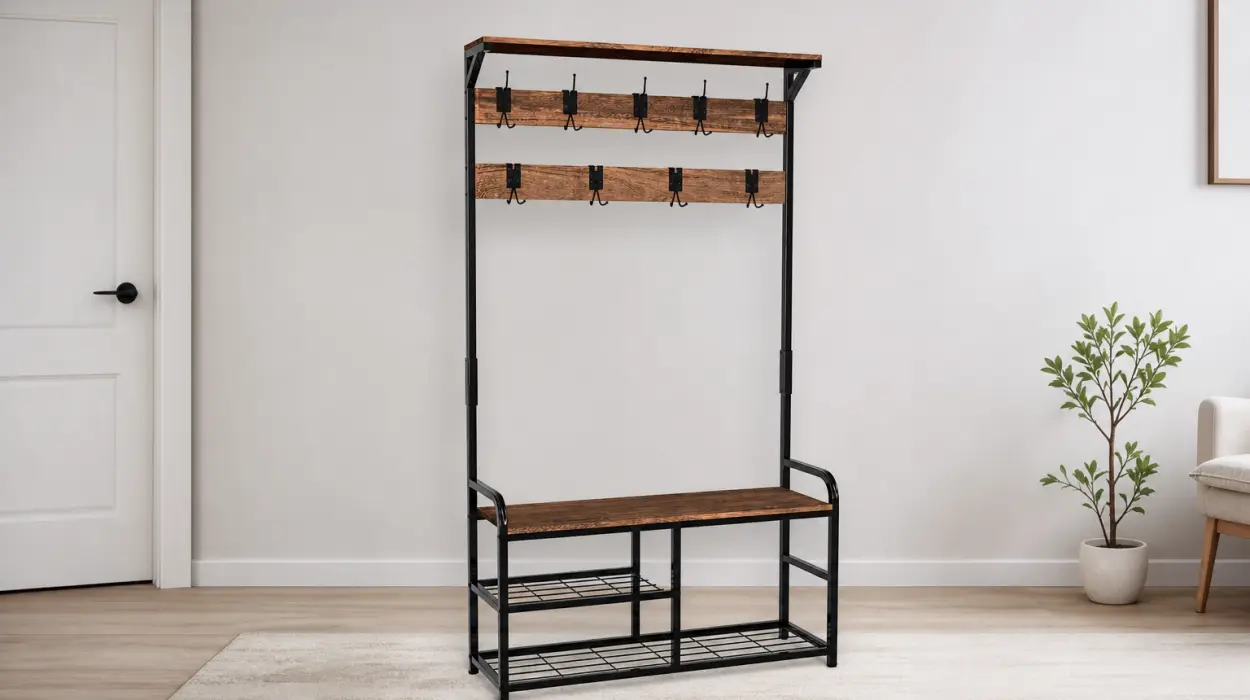 Perchero de pie Vounot con zapatero y banco, estilo industrial de 185x85x33 cm