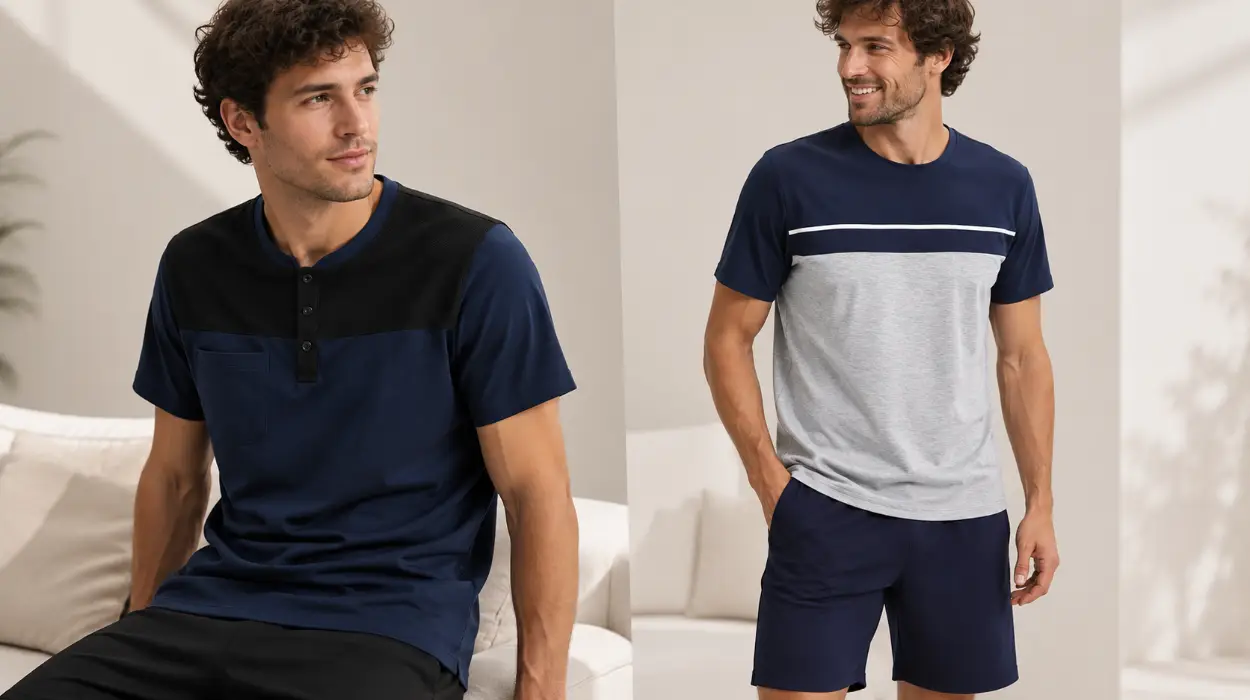 Pijamas cómodos de algodón con camiseta y pantalón corto para hombre