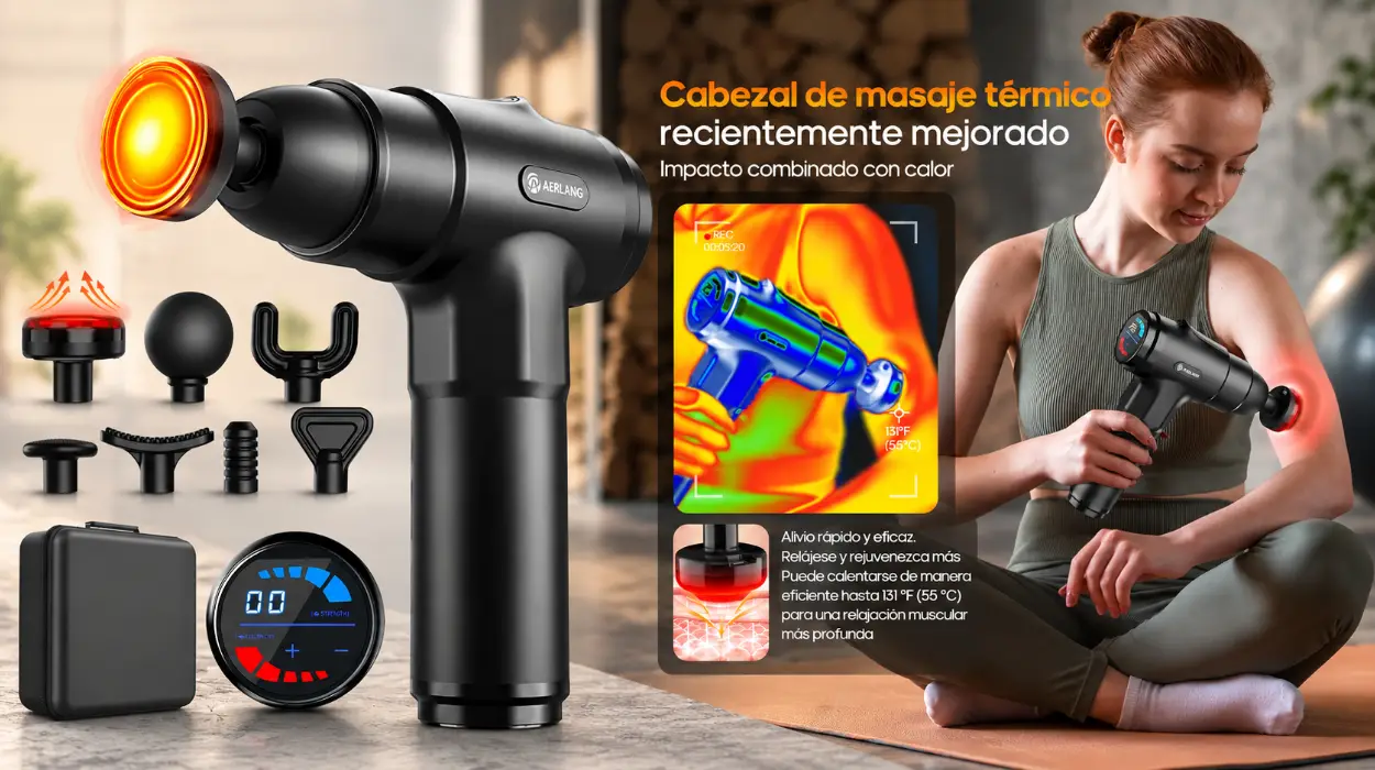 Pistola de masaje muscular AERLANG con calor, 20 velocidades y 7 cabezales