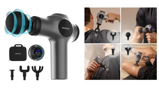 pistola de masaje muscular Cecotec con 4 cabezales