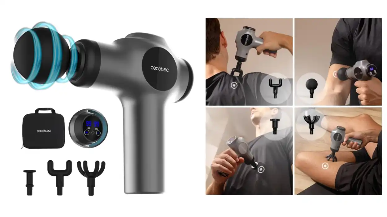 pistola de masaje muscular Cecotec con 4 cabezales