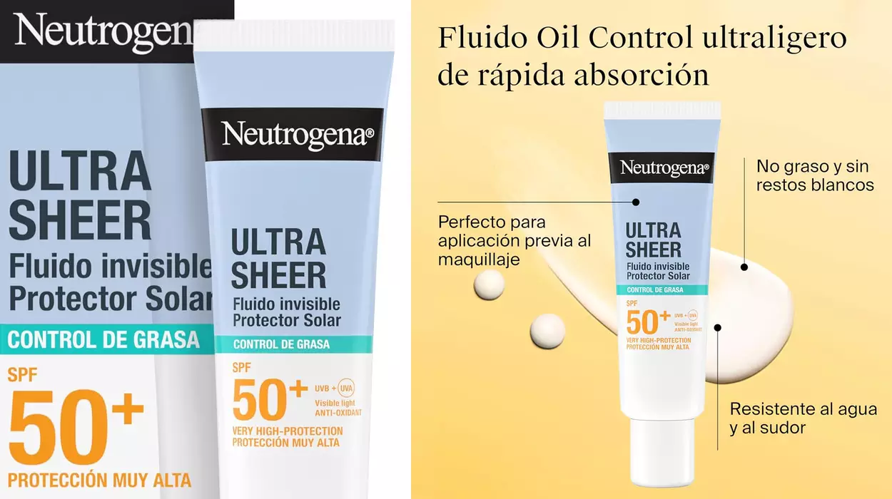 Protector solar facial Neutrogena Ultra Sheer SPF50+ sin residuos blancos y resistente al agua