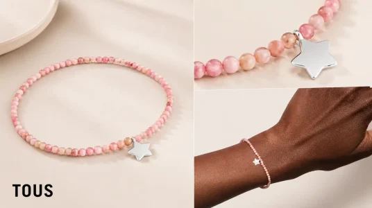 Pulsera elástica TOUS con bolas de ópalo rosa y estrella de plata, 17 cm