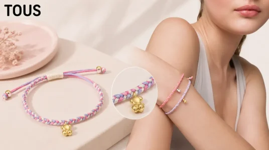 Pulsera TOUS para mujer con motivo oso, baño de oro 18 kt y nylon rosa/blanco, 17 cm