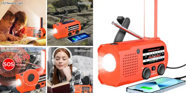 Radio solar portátil Qoosea con luz LED y recargable con manivela