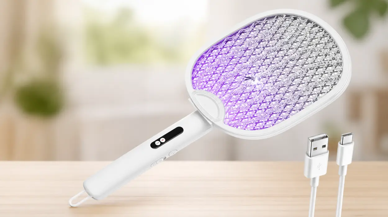 Raqueta eléctrica antimosquitos ZOVHYYA plegable y recargable con luz LED