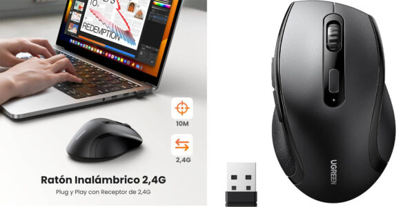 Ratón inalámbrico UGREEN ergonómico con adaptador USB 2.4GHz