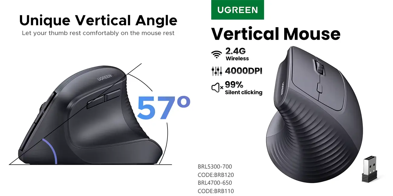 Ratón ergonómico inalámbrico UGREEN 2,4 Ghz