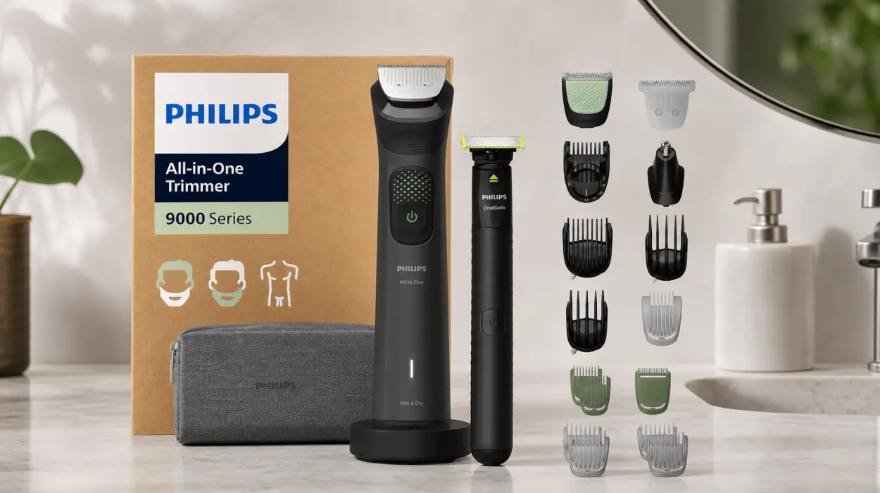 Philips Serie 9000: Recortadora todo en uno de 23 piezas con tecnología OneBlade para rostro, cabeza y cuerpo
