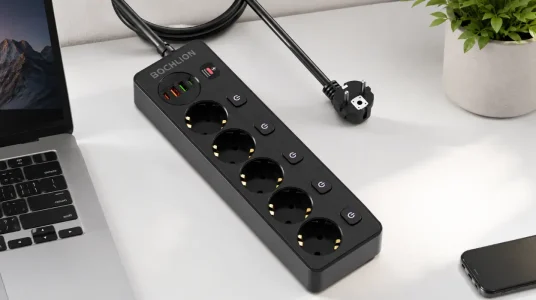 Regleta Bochlion con 5 enchufes y 4 puertos USB, protección de sobretensión e interruptores independientes