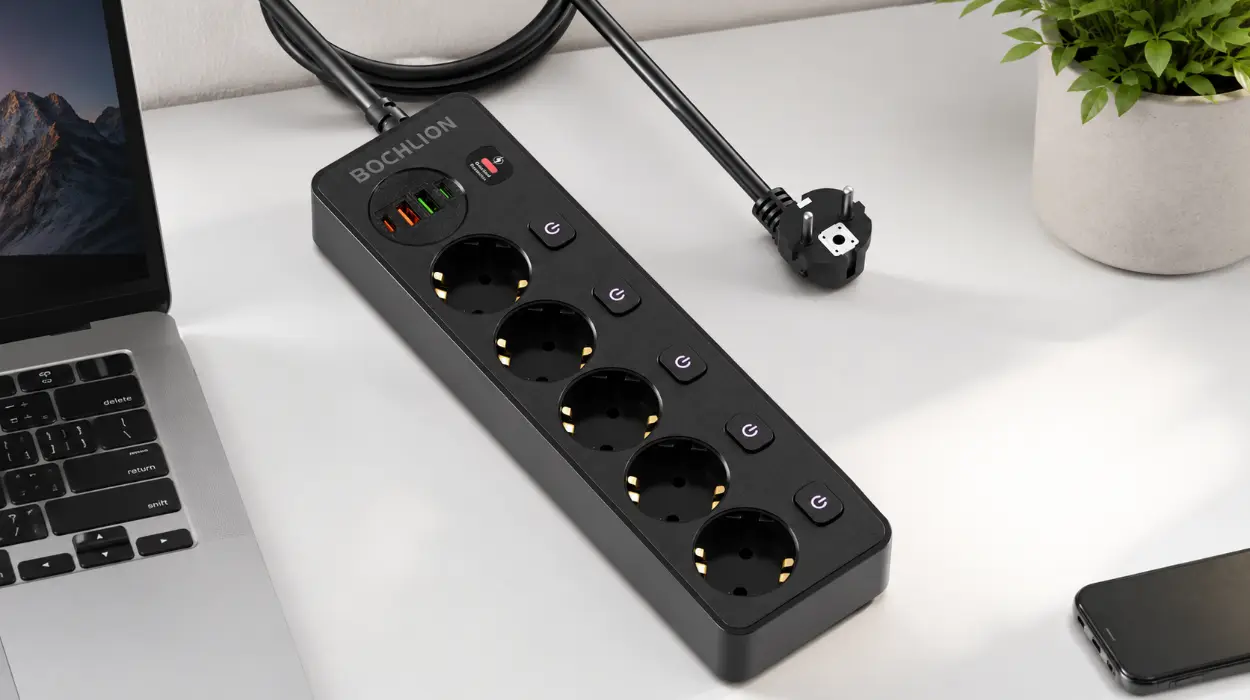 Regleta Bochlion con 5 enchufes y 4 puertos USB, protección de sobretensión e interruptores independientes