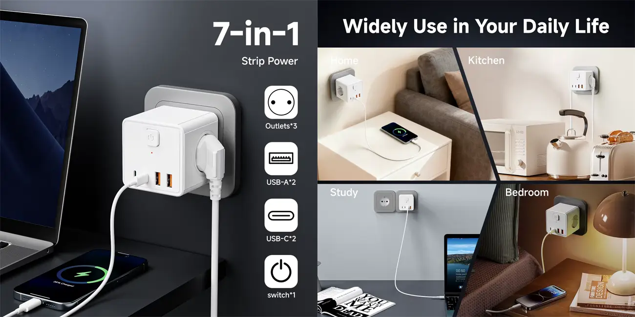 Cubo regleta de 3 enchufes con 2x USB y 2x USB-C