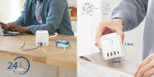 Regleta cubo 7 en 1 con 3 tomas de corriente, 3x USB y USB-C