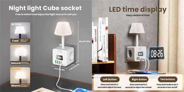 Regleta cubo con luz y reloj integrado