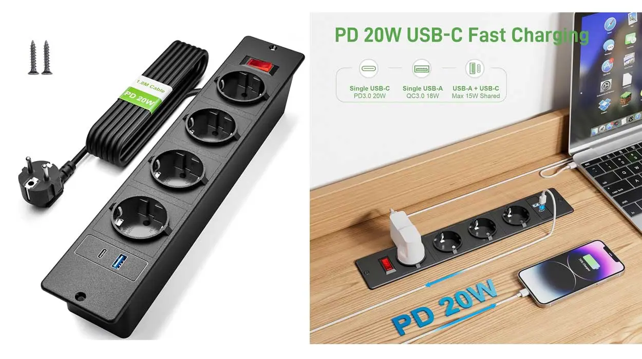 Regleta de mesa empotrable con USB-C barata