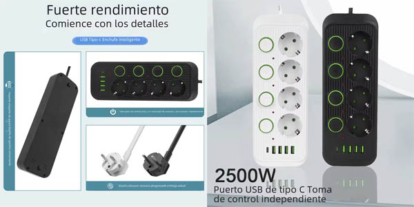 Regleta múltiple con 3 tomas de corriente, 4x USB y USB-C con cable 2m