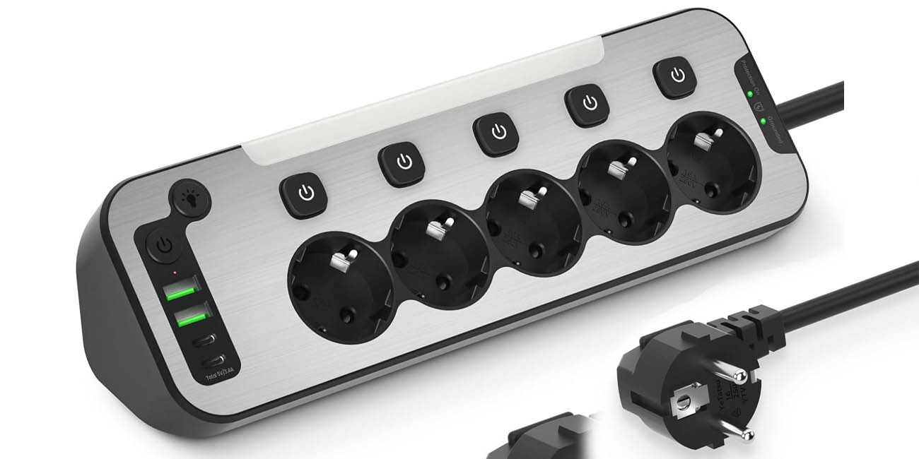 Regleta múltiple de 5 enchufes + 2x USB + 2x USB-C