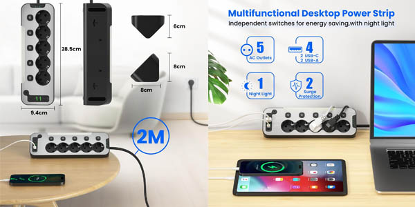 Regleta múltiple de 5 enchufes + 2x USB + 2x USB-C