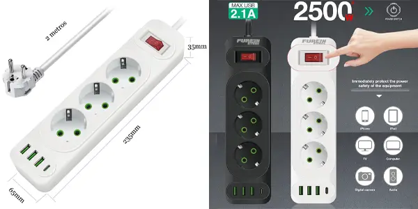 Regleta múltiple FUREINSTORE con 3 tomas, 3x USB y USB-C