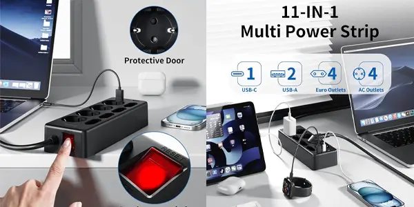 Regleta múltiple Sameriver con 8 tomas de corriente, 2x USB y USB-C