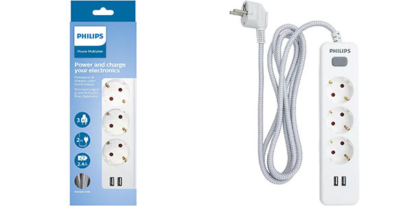 Regleta Philips SPN3032WA/10 de 3 tomas y 2x USB