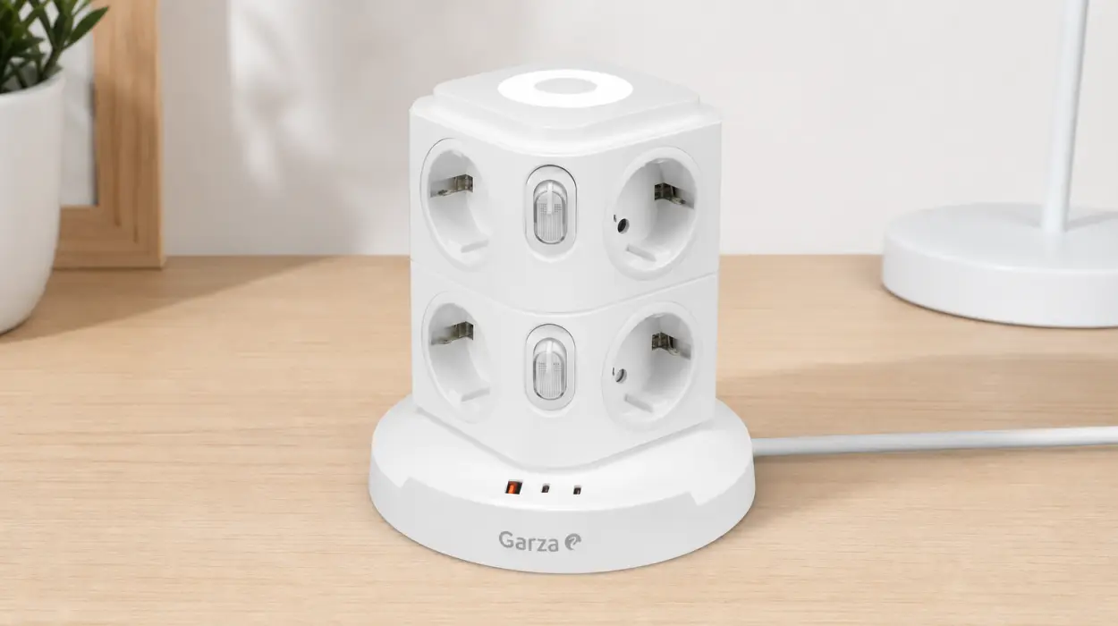 Regleta torre Garza 11 en 1 con 8 enchufes Schuko, 2 USB-C y 1 USB-A, carga rápida y luz nocturna