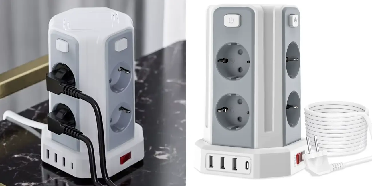 Regleta vertical con 8 enchufes, 3x USB, USB-C y cable de 3 m