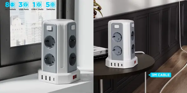 Regleta vertical con 8 enchufes, 3x USB, USB-C y cable de 3 m