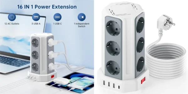 Regleta vertical con 12 tomas y 4x USB de 16A