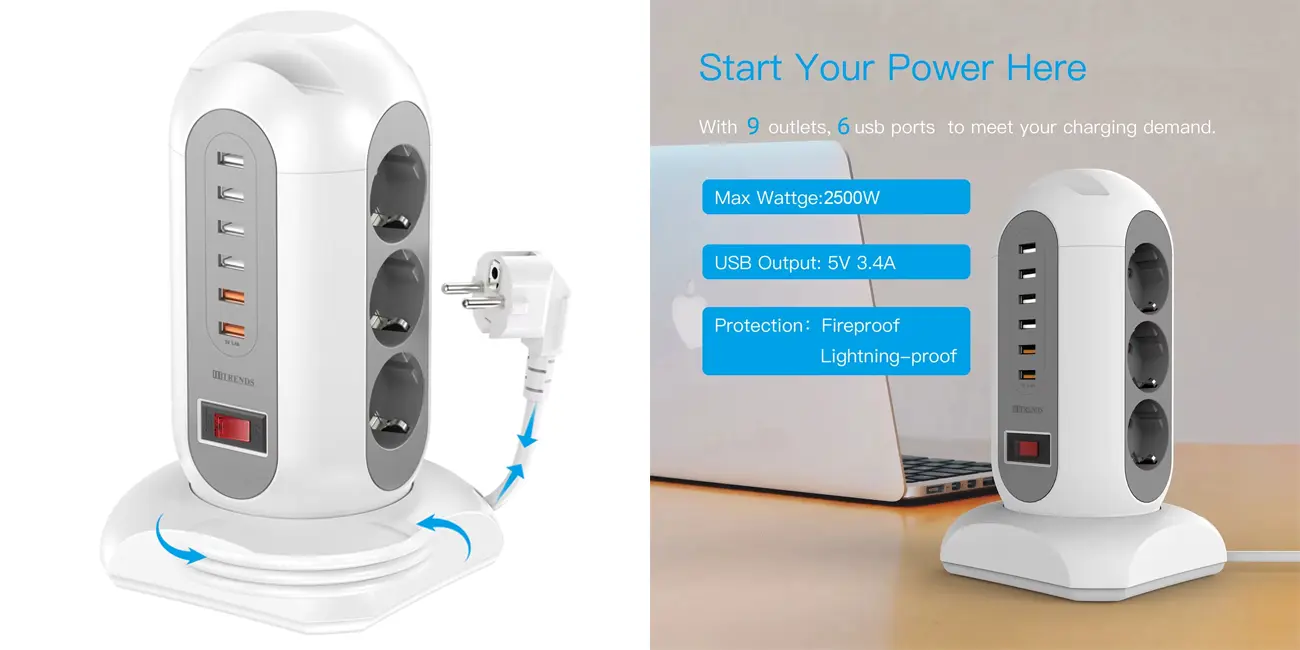 Regleta vertical HITRENDS con 9 tomas y 6x USB