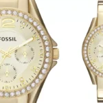 Reloj Fossil Riley dorado y purpurina para mujer