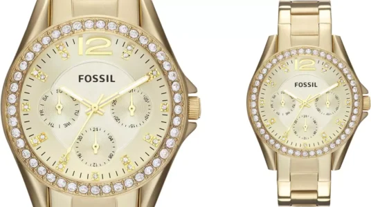 Reloj Fossil Riley dorado y purpurina para mujer