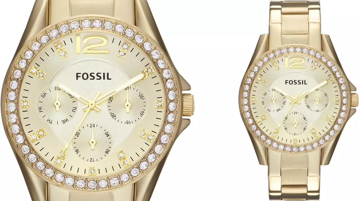 Reloj Fossil Riley dorado y purpurina para mujer