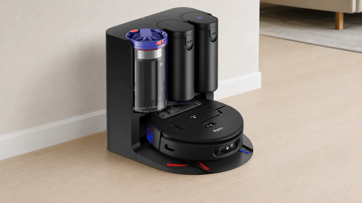 Robot aspirador y fregona Dyson Spot+Scrub AI con luz verde para detectar manchas ocultas