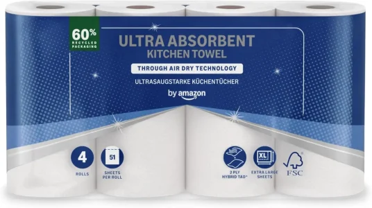 Rollo de Cocina TAD Ultraabsorbente by Amazon, 4 rollos con 51 hojas cada uno