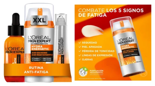 rutina L'Oréal Men Expert con crema anti fatiga, sérum vitamina C y contorno de ojos