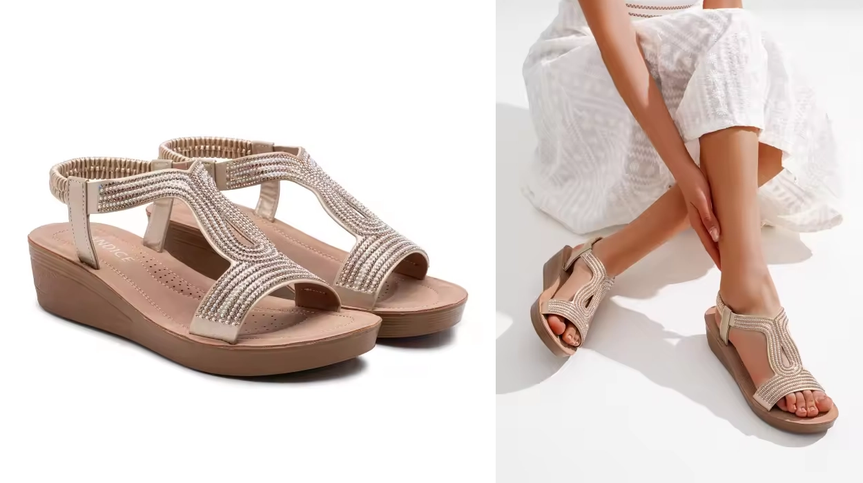 sandalias de cuña con tiras brillantes y elástico trasero para mujer baratas