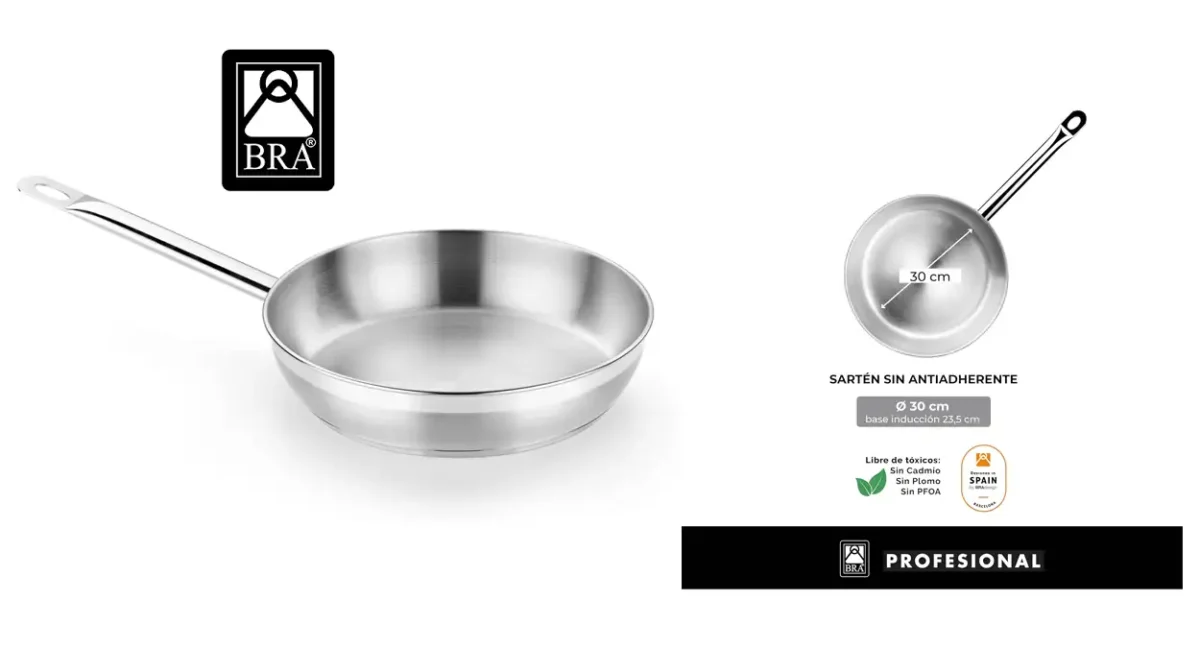 Sartén grande BRA Profesional de 30 cm en acero inoxidable