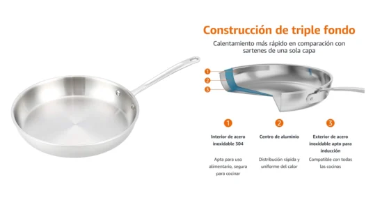 sartén de acero inoxidable Amazon Basics de 30 cm con tecnología tri Ply