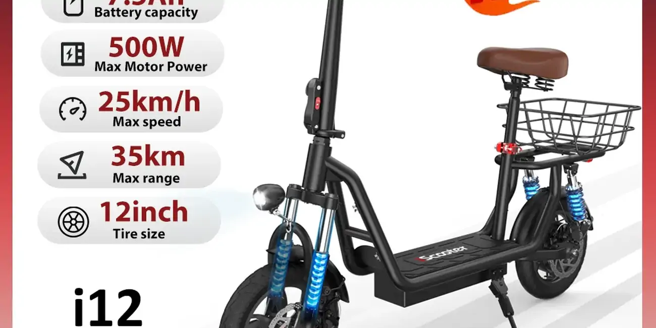Scooter i12 Scooter eléctrico con asiento y cesta 12 pulgadas 500W plegable Kick eScooter 36V 7.5Ah alcance máximo 35km Scooter de movilidad