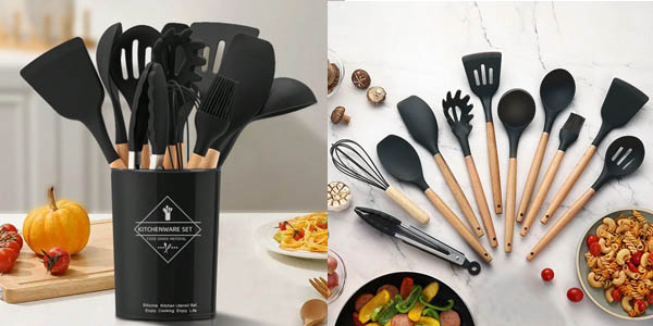 Pack x12 utensilios de cocina de madera y silicona
