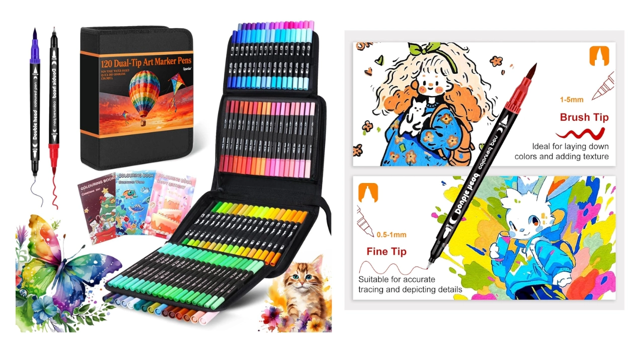 set-de-120-rotuladores-spardar-de-doble-punta-con-bolsa-y-3-libros-para-colorear