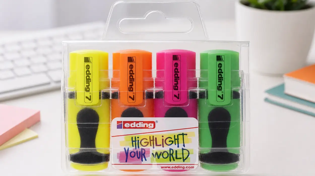 Juego de 4 minimarcadores fluorescentes edding 7 con punta biselada de 1-3 mm en colores neón