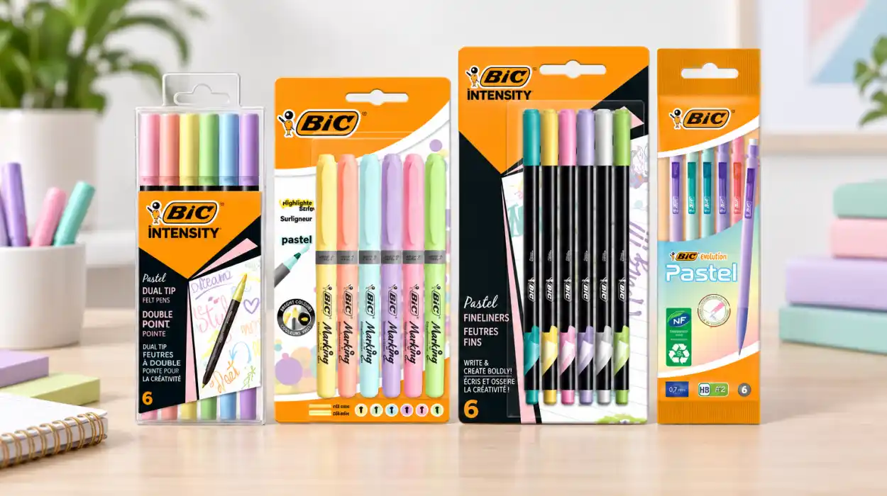 Set de escritorio BIC Pastel de 23 piezas con rotuladores, portaminas y subrayadores