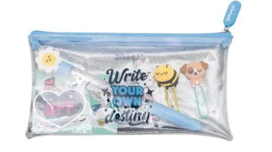 set estuche Mr. Wonderful + boli + clips + pegatinas glitter “Write your own destiny” barato